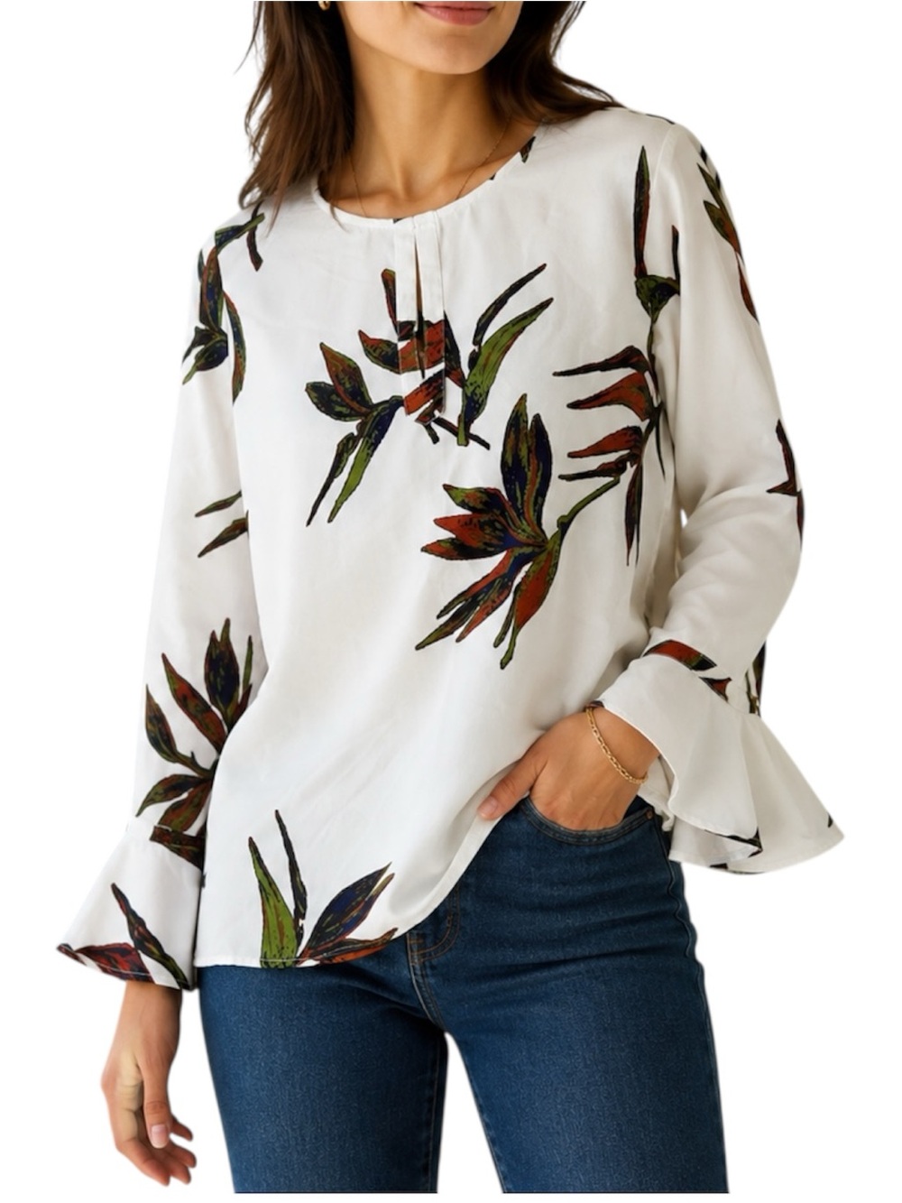 Tres Jolie Ivory Floral Blouse Bell Sleeve Keyhole Boho Top - Size Large